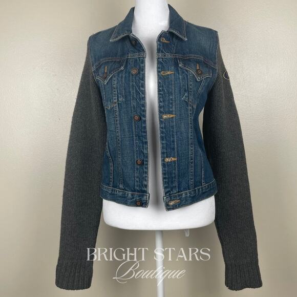 Rare Knit Wool Sleeve Denim Jacket ASO Rory Gilmore Girls Vintage Casual Y2K - Picture 5 of 12